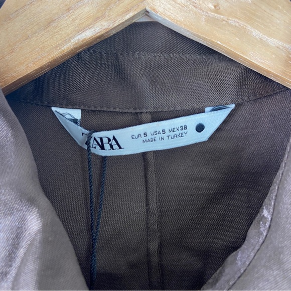 Zara Brown Satin Mini Shirt Dress Ruched Sides - Size S - Picture 3 of 7